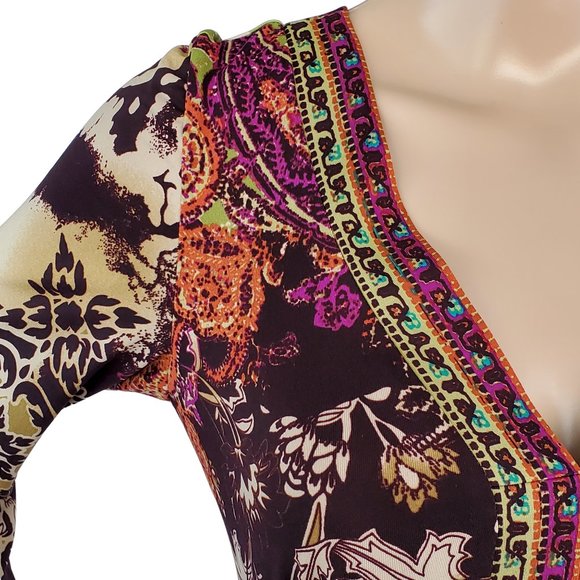 Floral Boho Dress Women's S Knit Stretch V Neck Tie Long Sleeve Brown & Purple - Picture 6 of 13